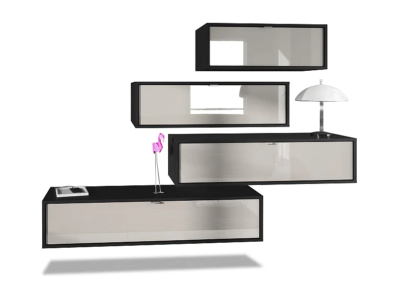 Mueble de pared Lana V3 unidad de pared compuesta por 4 unidades de pared con 10 compartimentos, cuerpo en Negro mate, frentes en Gris arena de alto brillo