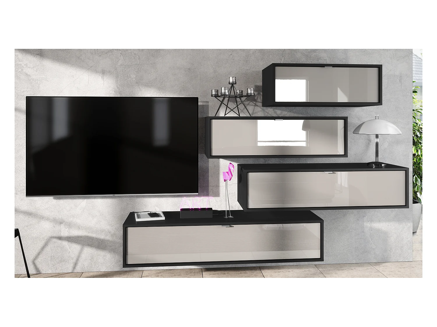 Unité murale Lana V3 composée de 4 unités murales à 10 compartiments, caisson en Noir mat, façades en Gris sable haute brillance