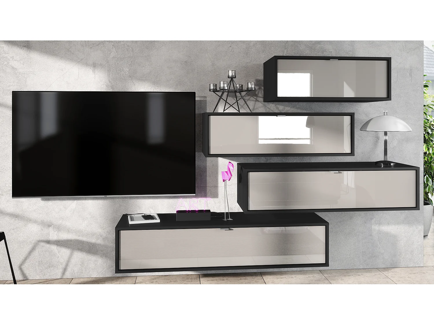 Unité murale Lana V3 composée de 4 unités murales à 10 compartiments, caisson en Noir mat, façades en Gris sable haute brillance