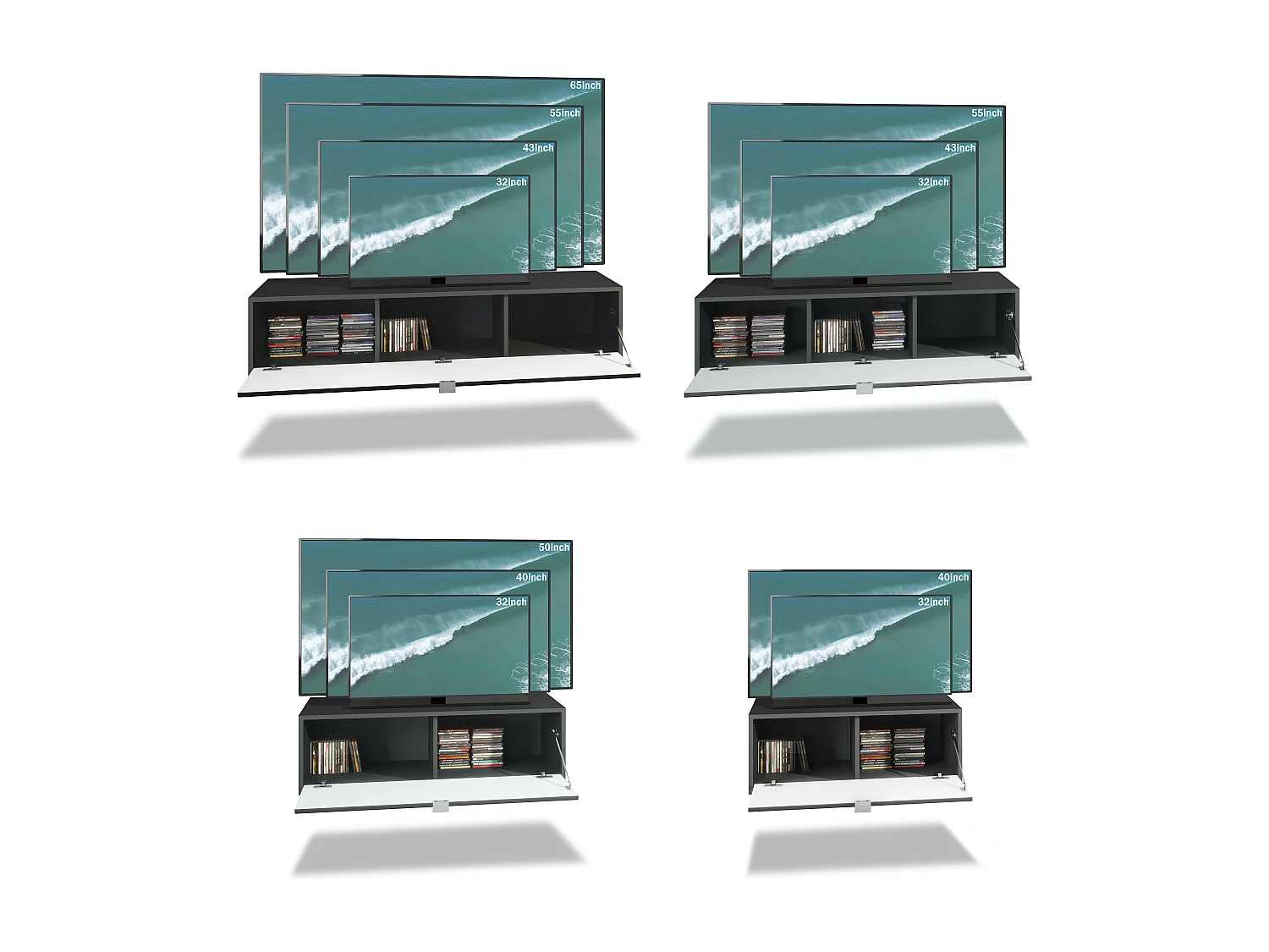 Unité murale Lana V3 composée de 4 unités murales à 10 compartiments, caisson en Noir mat, façades en Gris sable haute brillance