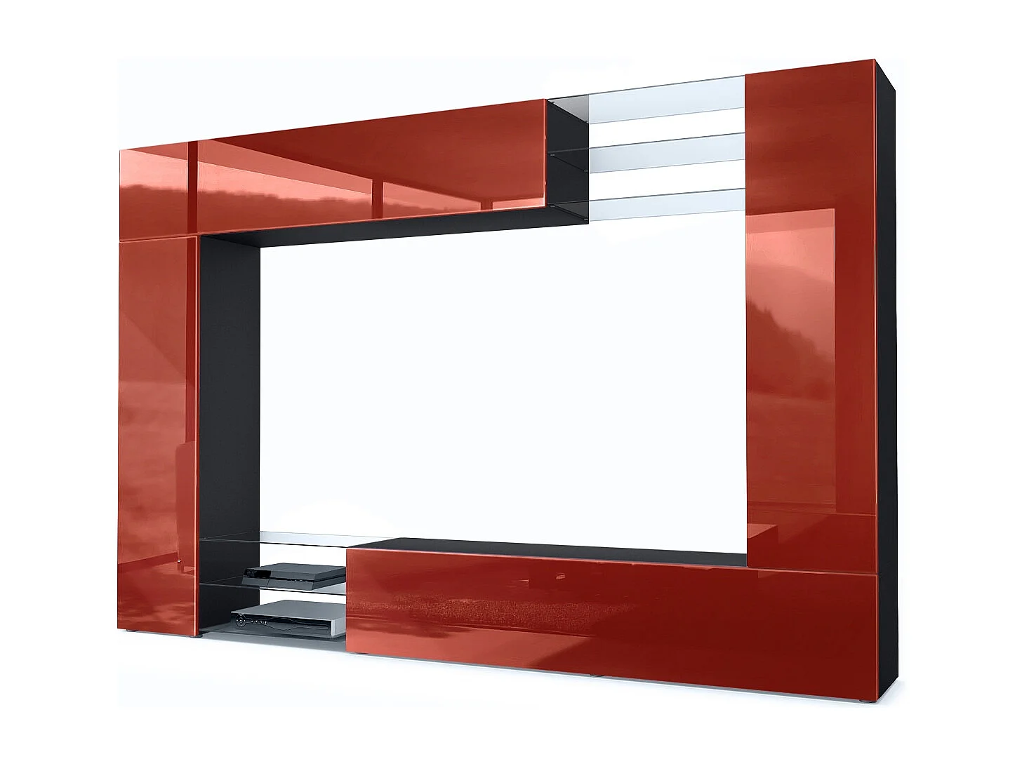 Meuble TV mural Mirage, Ensemble étagère TV avec panneau arrière et 2 portes, 2 clapets et 6 étagères en verre, Noir mat/Bordeaux brillant (262 x 183 x 39 cm)