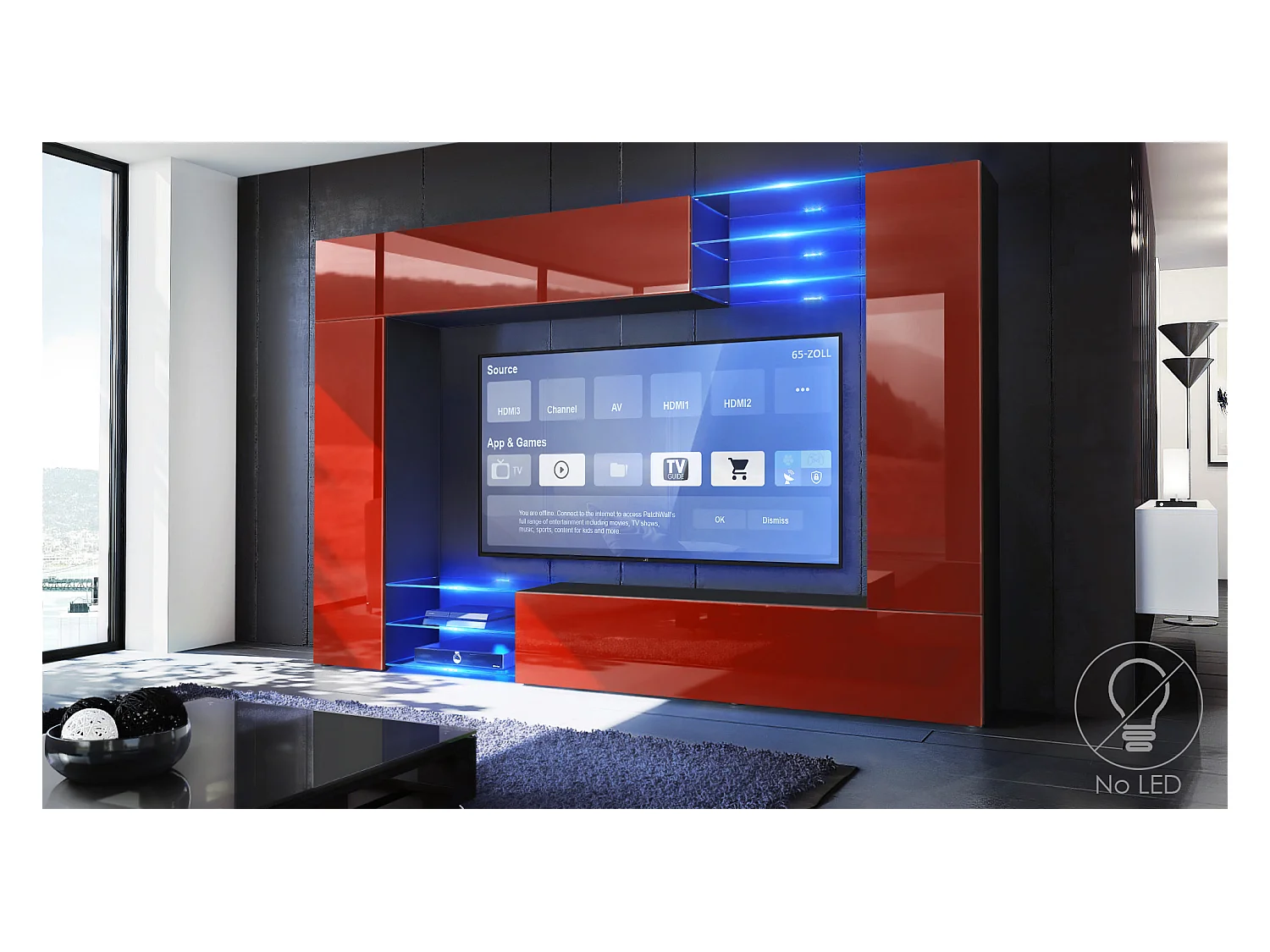 Meuble TV mural Mirage, Ensemble étagère TV avec panneau arrière et 2 portes, 2 clapets et 6 étagères en verre, Noir mat/Bordeaux brillant (262 x 183 x 39 cm)