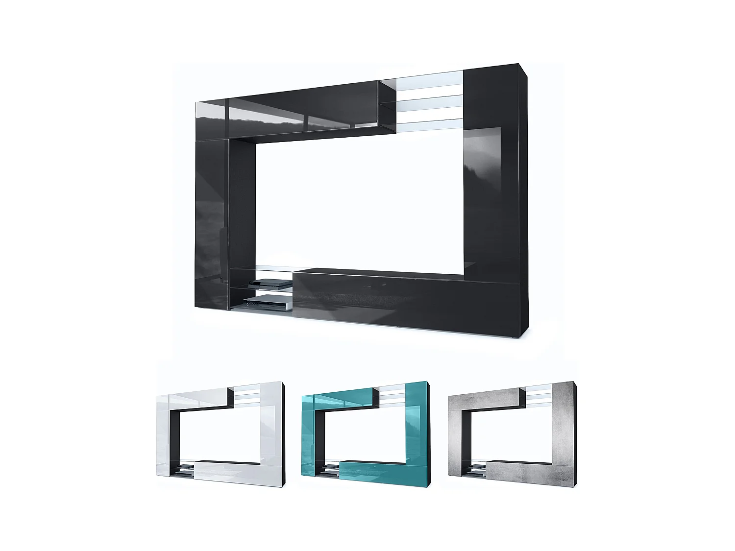 Meuble TV mural Mirage, Ensemble étagère TV avec panneau arrière et 2 portes, 2 clapets et 6 étagères en verre, Noir mat/Bordeaux brillant (262 x 183 x 39 cm)