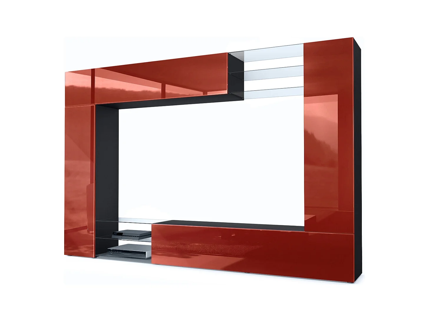 Meuble TV mural Mirage, Ensemble étagère TV avec panneau arrière et 2 portes, 2 clapets et 6 étagères en verre, Noir mat/Bordeaux brillant (262 x 183 x 39 cm)