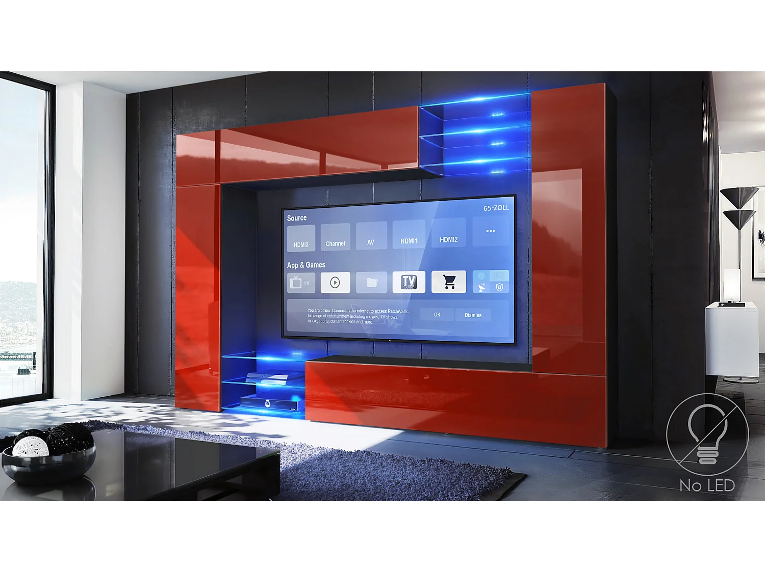 Meuble TV mural Mirage, Ensemble étagère TV avec panneau arrière et 2 portes, 2 clapets et 6 étagères en verre, Noir mat/Bordeaux brillant (262 x 183 x 39 cm)