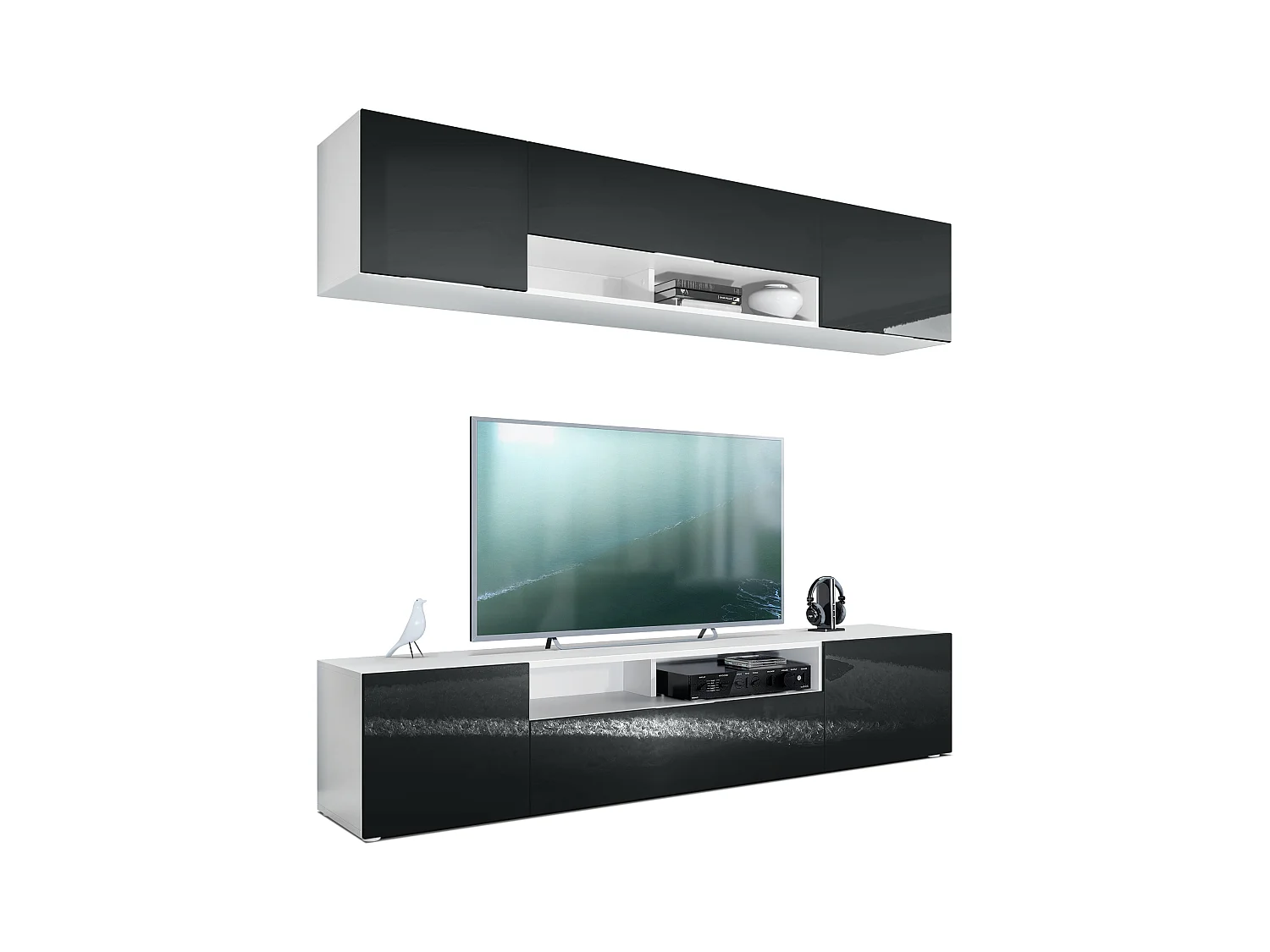 Meuble-paroi Mogan, blanc mat/noir haute brillance - Meuble mural moderne composé de 2 étagères TV (181 x 147 x 35 cm)