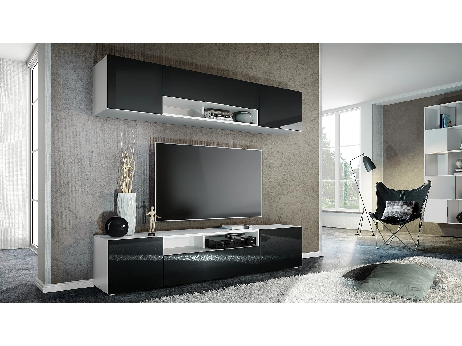 Meuble-paroi Mogan, blanc mat/noir haute brillance - Meuble mural moderne composé de 2 étagères TV (181 x 147 x 35 cm)