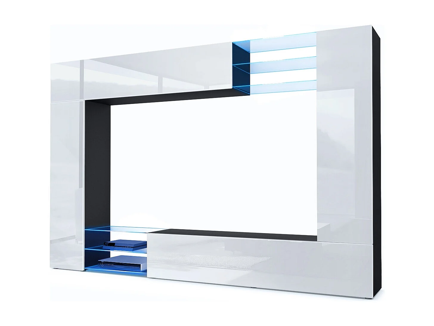 Meuble TV mural Mirage, Ensemble étagère TV et 2 portes, 2 clapets et 6 étagères en verre, Noir mat/Blanc brillant, éclairage LED inclus (262 x 183 x 39 cm)