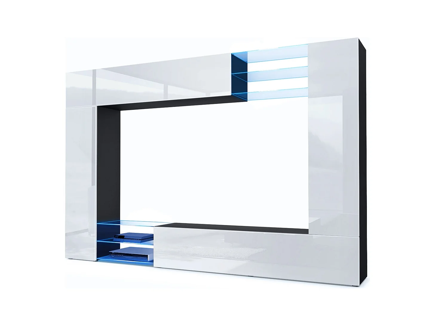 Meuble TV mural Mirage, Ensemble étagère TV et 2 portes, 2 clapets et 6 étagères en verre, Noir mat/Blanc brillant, éclairage LED inclus (262 x 183 x 39 cm)