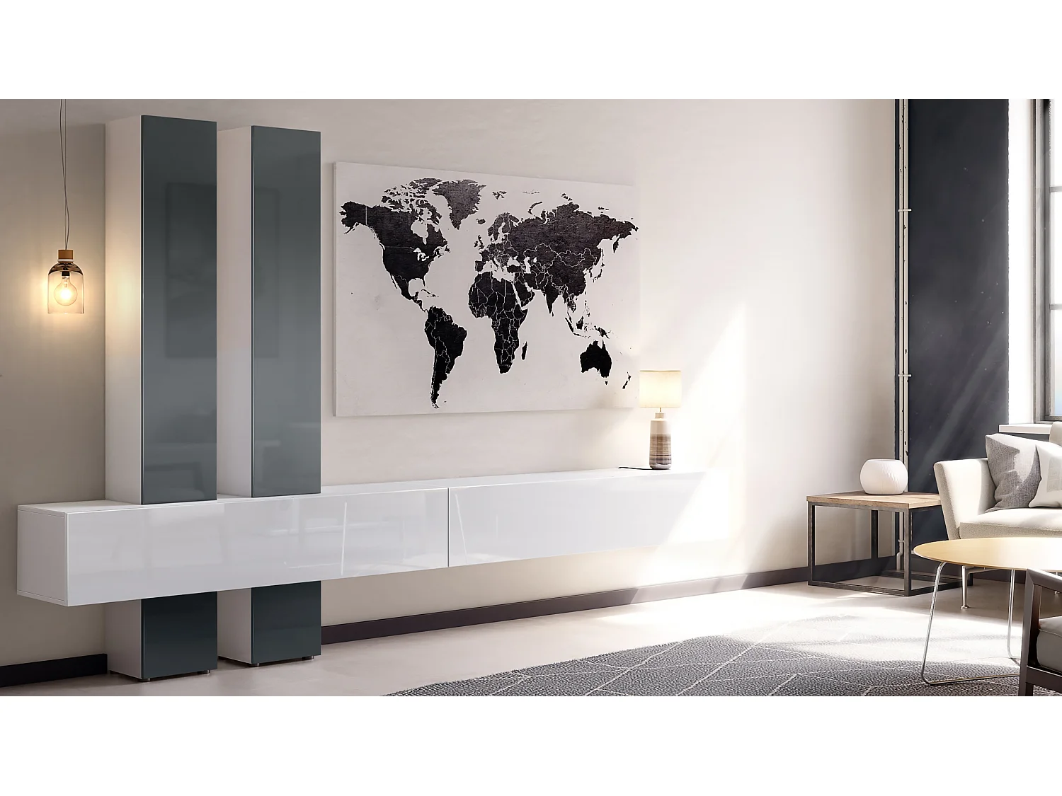 Meuble-paroi Moja de  - Blanc mat & blanc/gris haute brillance - Meuble-paroi moderne pour votre salon (LxHxP) 330 x 204 x 39 cm