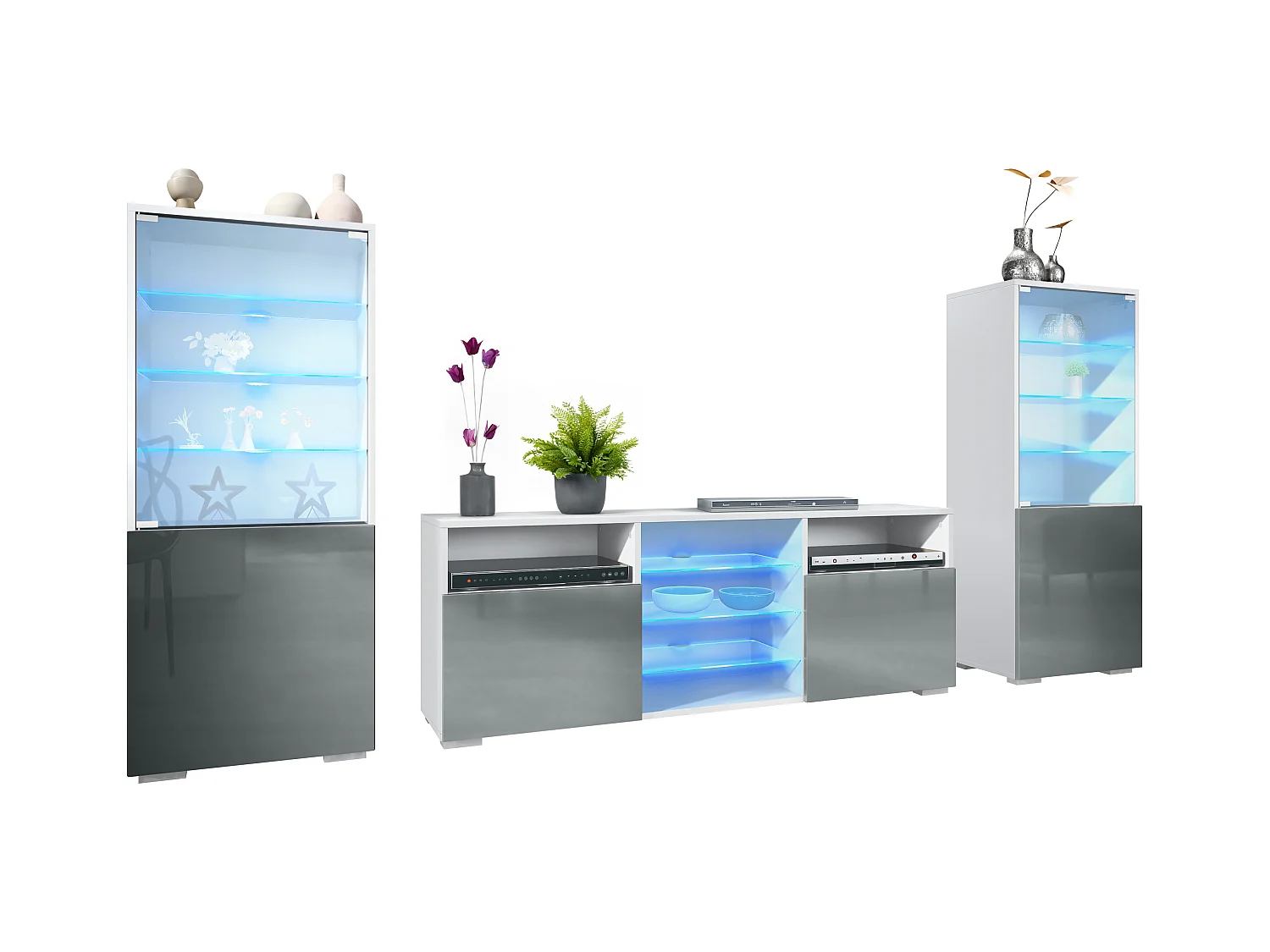 Ensemble mural Granada pour salon, comprenant 2 vitrines et 1 meuble TV, blanc mat/gris haute brillance éclairage LED inclus (286 x 122,5 x 35 cm)