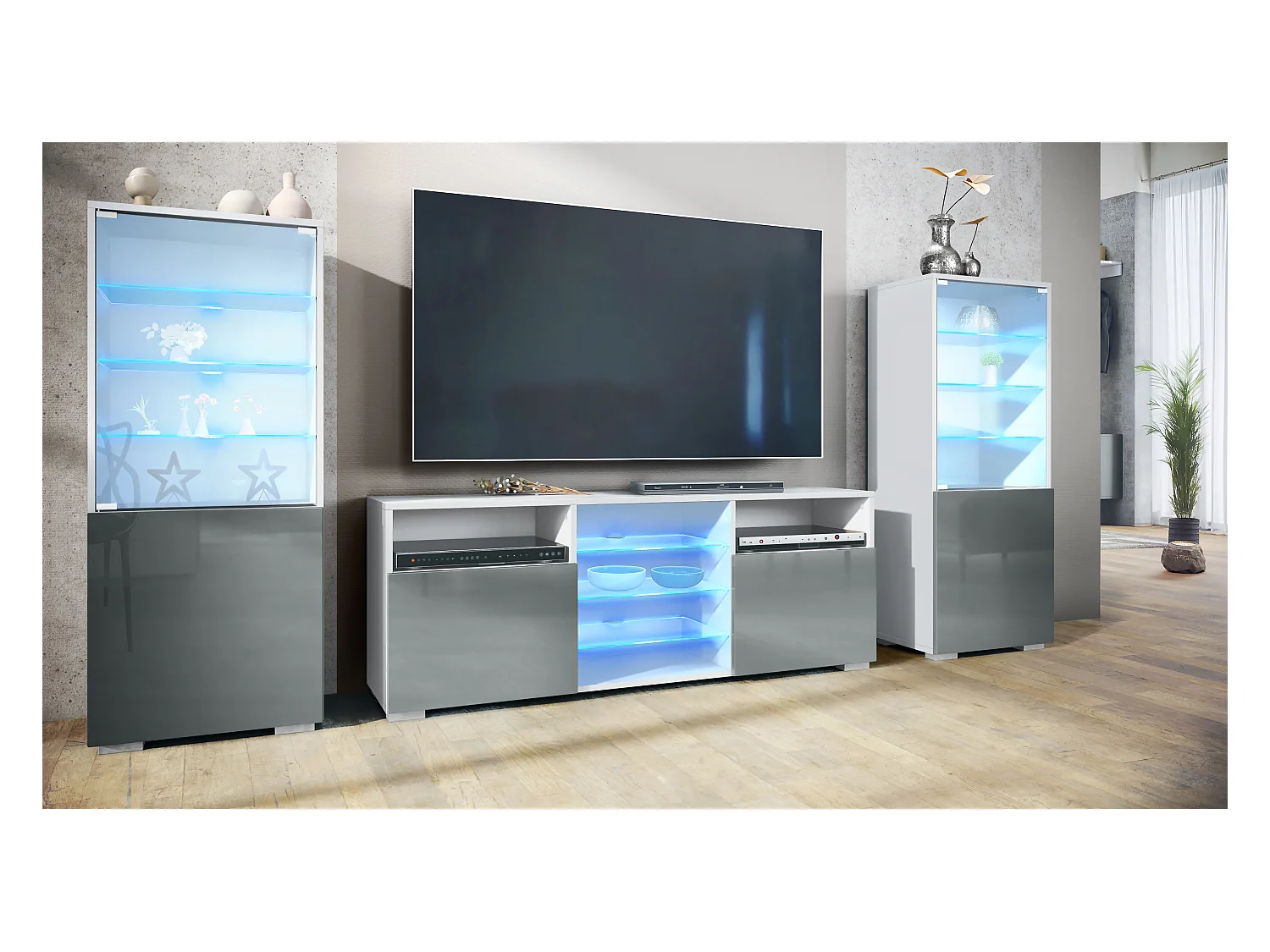 Ensemble mural Granada pour salon, comprenant 2 vitrines et 1 meuble TV, blanc mat/gris haute brillance éclairage LED inclus (286 x 122,5 x 35 cm)