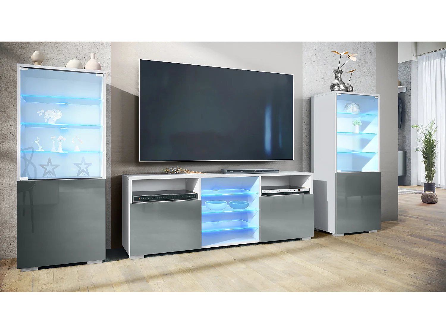 Ensemble mural Granada pour salon, comprenant 2 vitrines et 1 meuble TV, blanc mat/gris haute brillance éclairage LED inclus (286 x 122,5 x 35 cm)