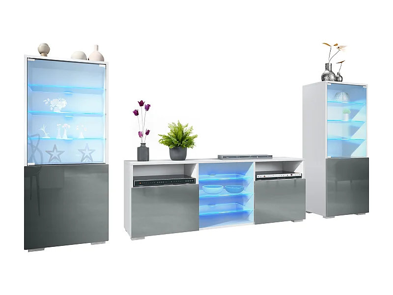 Ensemble mural Granada pour salon, comprenant 2 vitrines et 1 meuble TV, blanc mat/gris haute brillance éclairage LED inclus (286 x 122,5 x 35 cm)