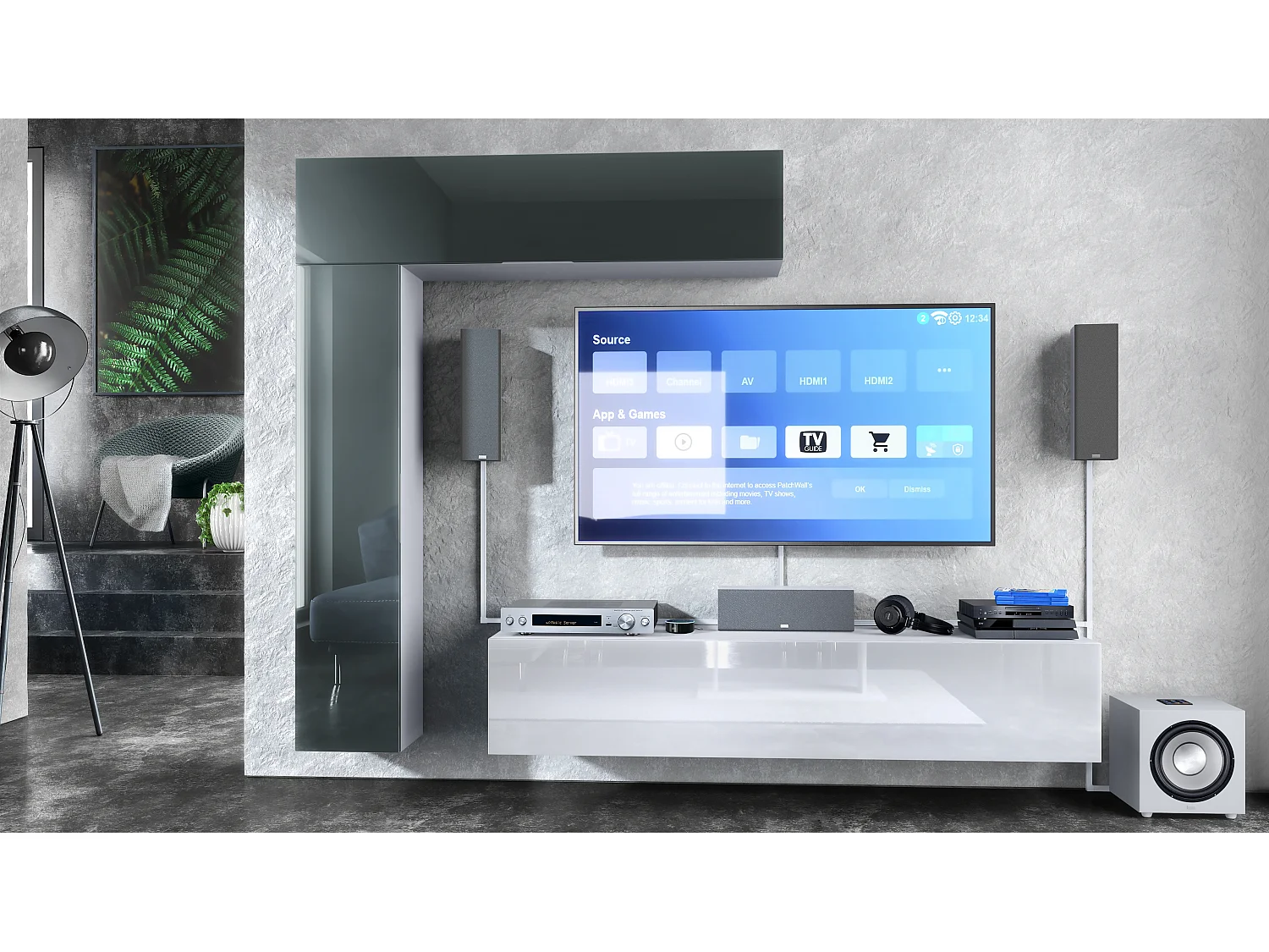 Meuble-paroi Taurito, blanc mat/gris haute brillance - Meuble-paroi moderne pour votre salon (320 x 182 x 39 cm)