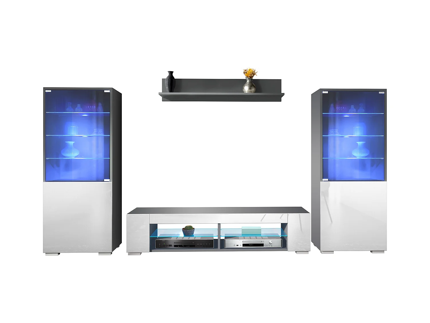 Ensemble mural Nevada V2, meuble de salon composé de 2 vitrines, 1 meuble TV et 1 étagère murale, Anthracite mat/Blanc brillant LED incluse (304,5 x 141 x 39 cm)