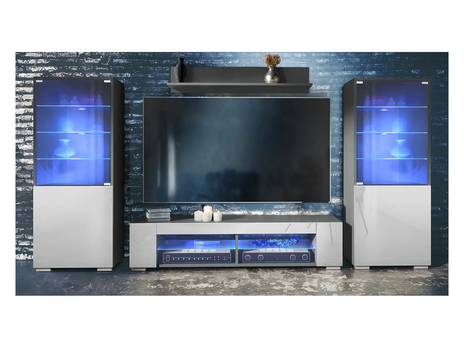 Ensemble mural Nevada V2, meuble de salon composé de 2 vitrines, 1 meuble TV et 1 étagère murale, Anthracite mat/Blanc brillant LED incluse (304,5 x 141 x 39 cm)