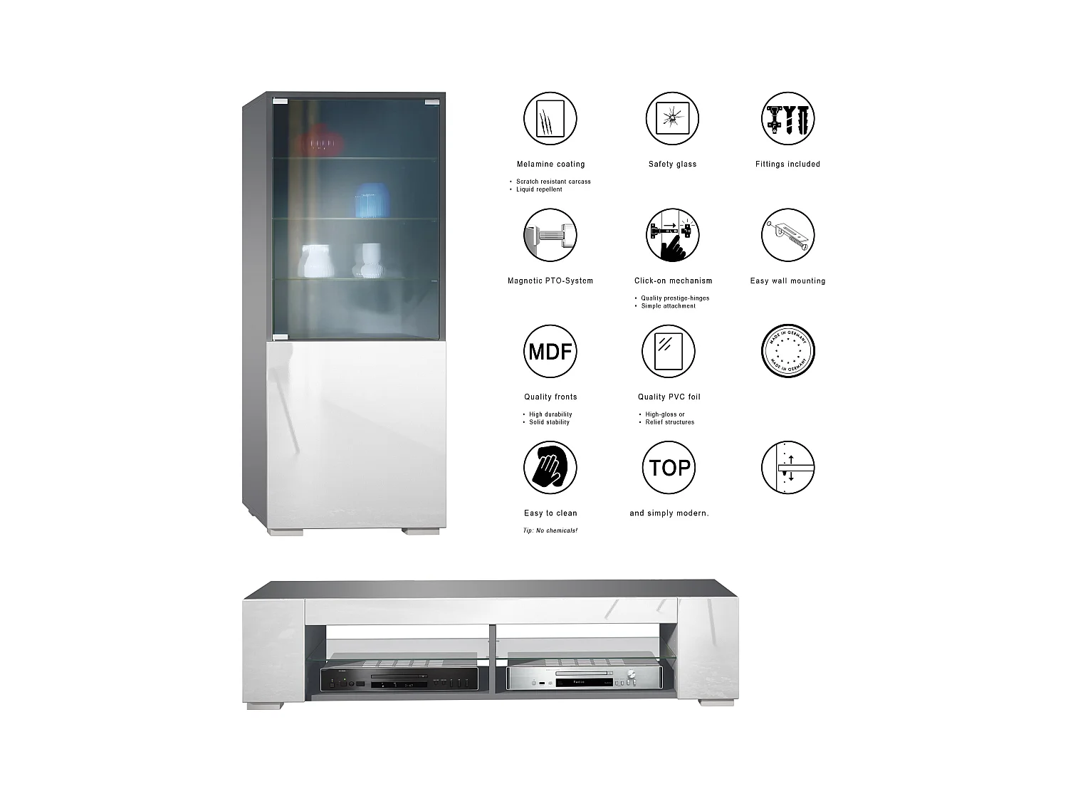 Ensemble mural Nevada V2, meuble de salon composé de 2 vitrines, 1 meuble TV et 1 étagère murale, Anthracite mat/Blanc brillant LED incluse (304,5 x 141 x 39 cm)