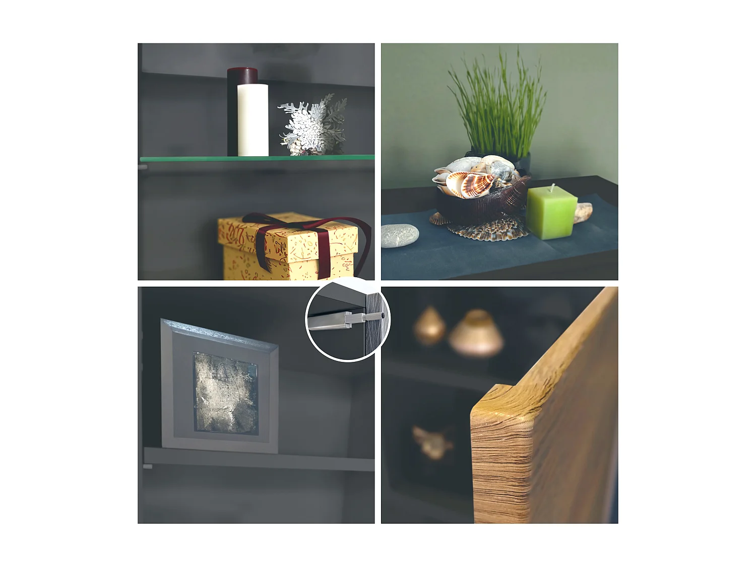 Ensemble mural Nevada V2, meuble de salon composé de 2 vitrines, 1 meuble TV et 1 étagère murale, Anthracite mat/Blanc brillant LED incluse (304,5 x 141 x 39 cm)