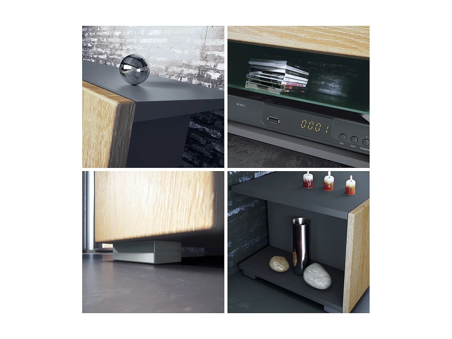 Ensemble mural Nevada V2, meuble de salon composé de 2 vitrines, 1 meuble TV et 1 étagère murale, Anthracite mat/Blanc brillant LED incluse (304,5 x 141 x 39 cm)