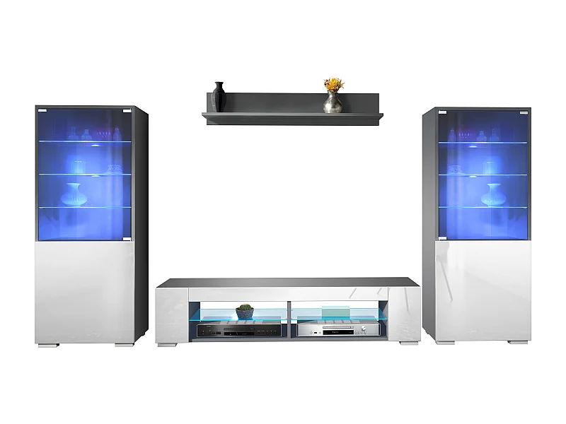 Ensemble mural Nevada V2, meuble de salon composé de 2 vitrines, 1 meuble TV et 1 étagère murale, Anthracite mat/Blanc brillant LED incluse (304,5 x 141 x 39 cm)