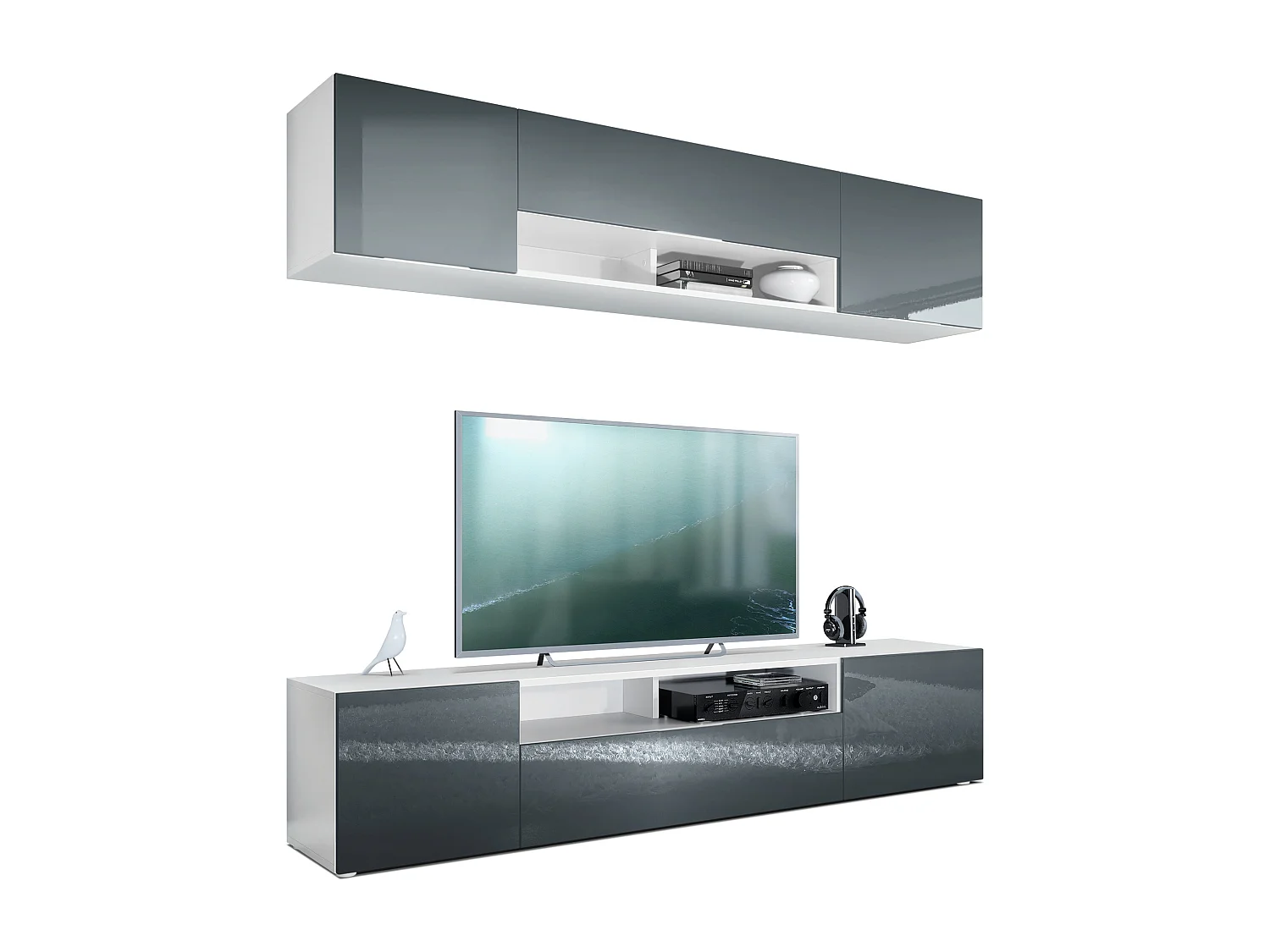 Meuble-paroi Mogan, blanc mat/gris haute brillance - Meuble mural moderne composé de 2 étagères TV (181 x 147 x 35 cm)