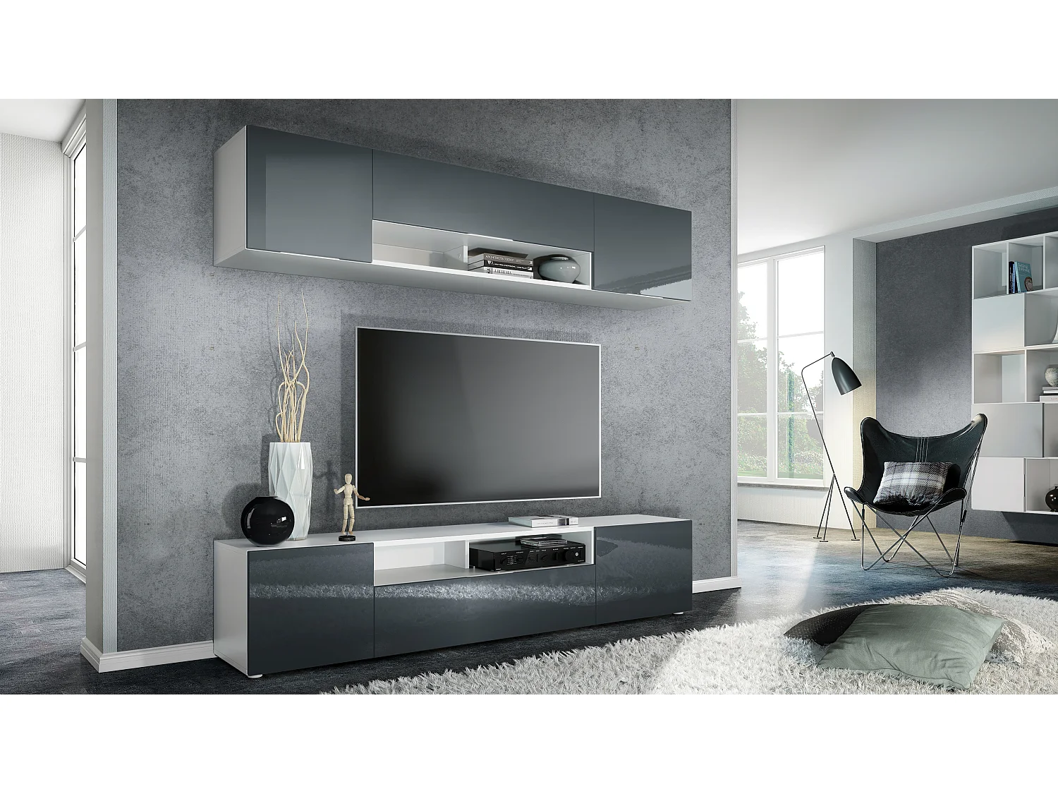 Meuble-paroi Mogan, blanc mat/gris haute brillance - Meuble mural moderne composé de 2 étagères TV (181 x 147 x 35 cm)