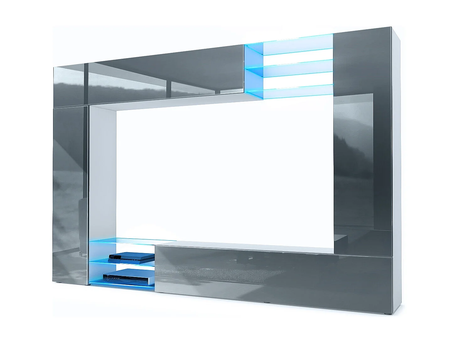 Meuble TV mural Mirage, Ensemble étagère TV et 2 portes, 2 clapets et 6 étagères en verre, Blanc mat/Gris brillant, éclairage LED inclus (262 x 183 x 39 cm)