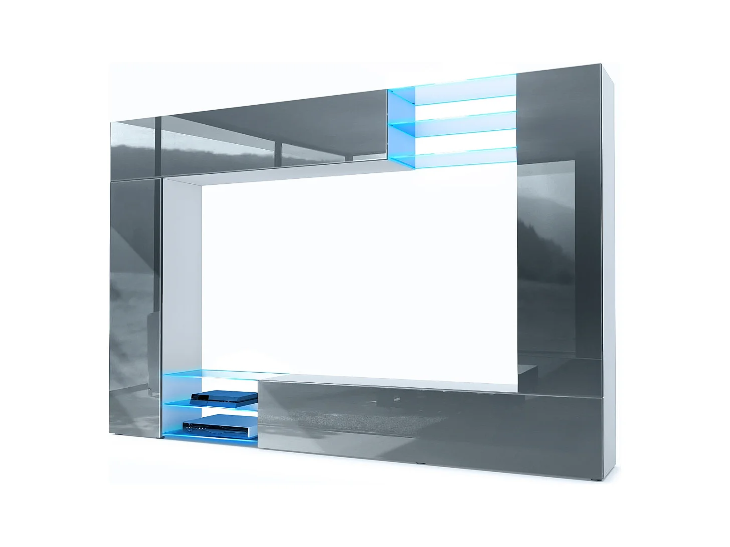 Meuble TV mural Mirage, Ensemble étagère TV et 2 portes, 2 clapets et 6 étagères en verre, Blanc mat/Gris brillant, éclairage LED inclus (262 x 183 x 39 cm)