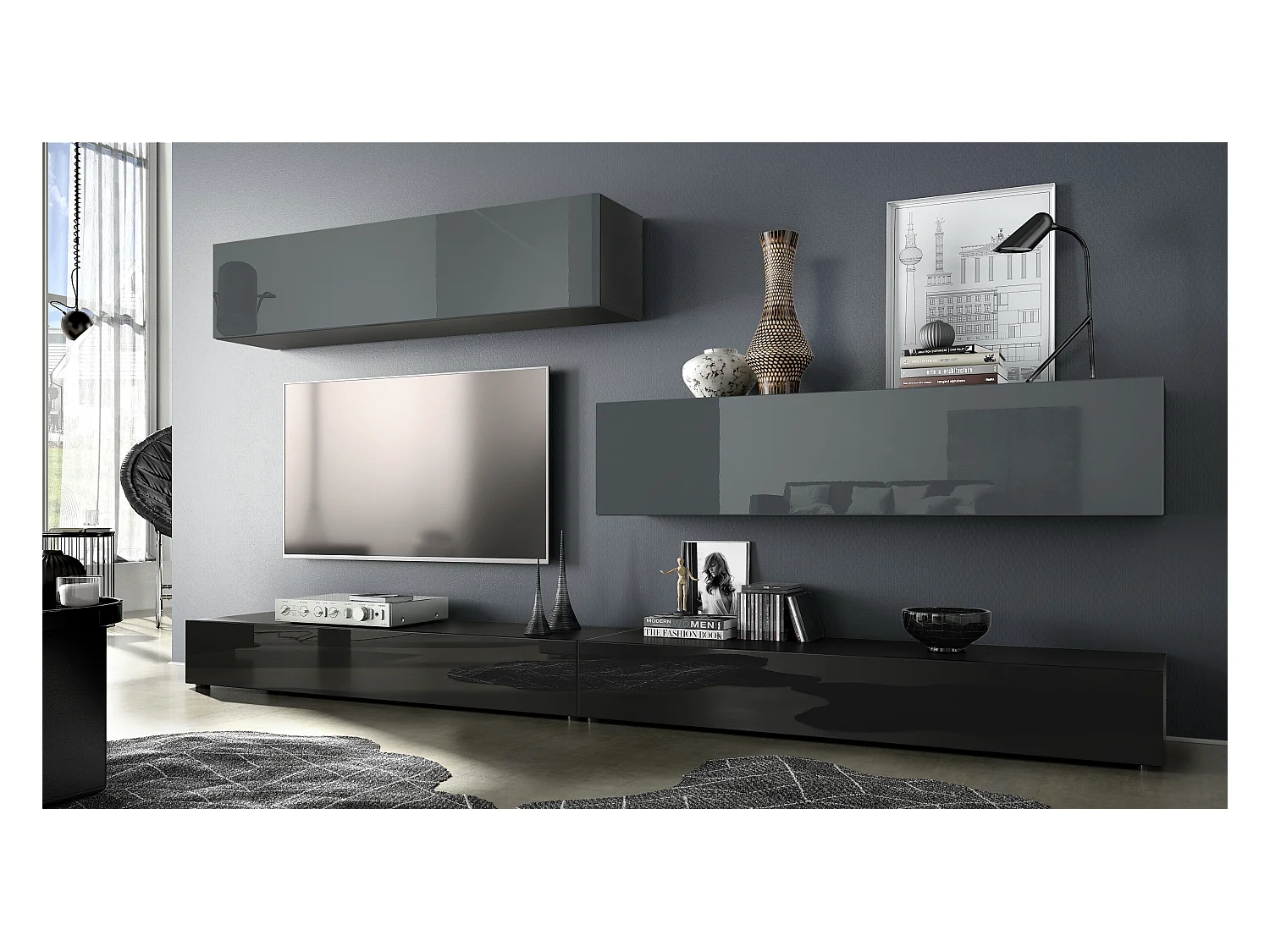 WOHNWAND Nublo Klappen in Grau Hochglanz