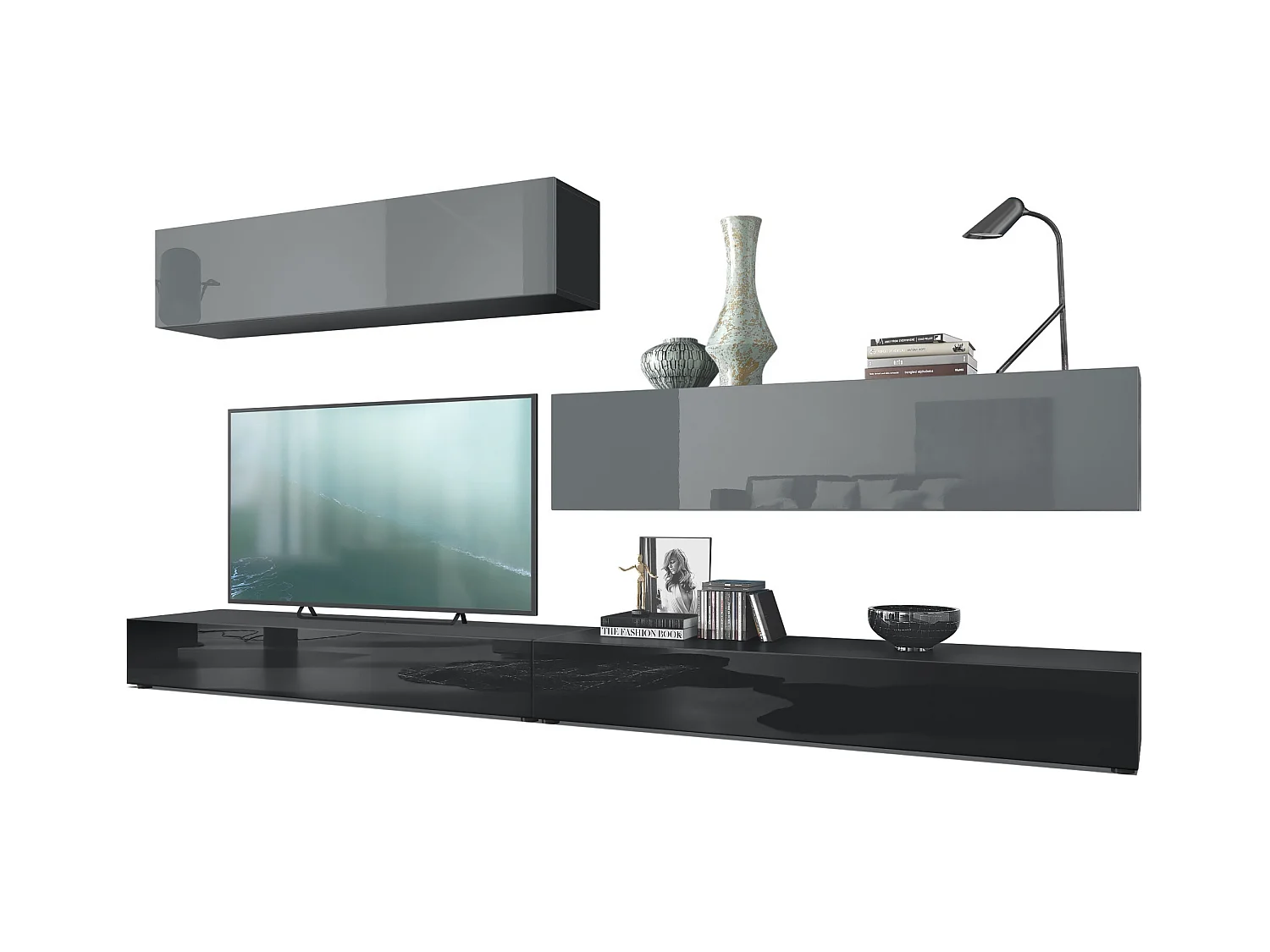 Combinaison murale Armoire Nublo, Corps en Noir mat / Façades en Noir haute brillance et Gris haute brillance