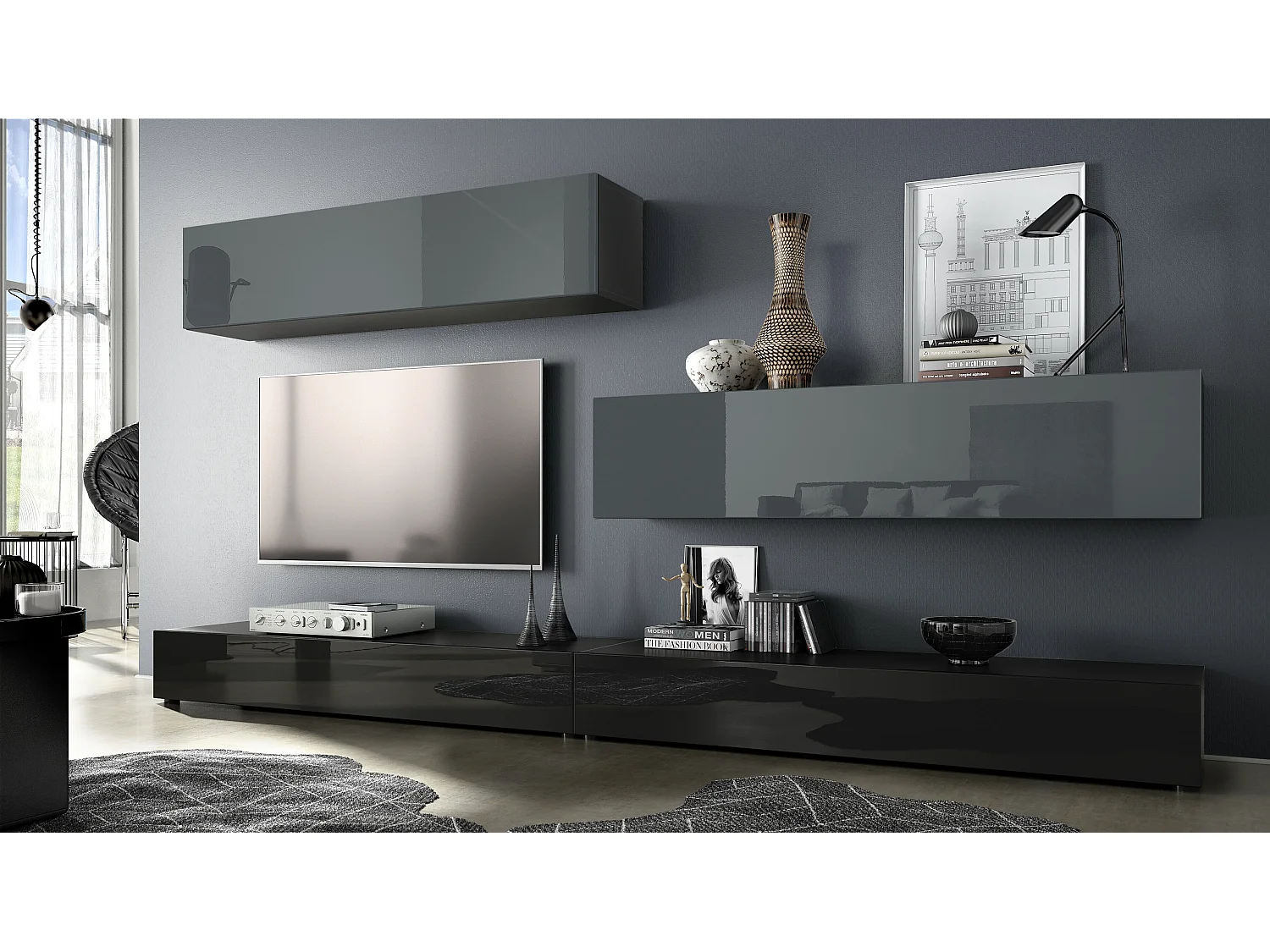 Porta TV a parete  Nublo, struttura in nero opaco / frontali in nero lucido e grigio lucido