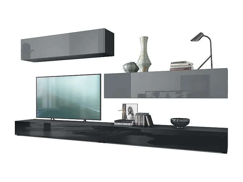 Combinaison murale Armoire Nublo, Corps en Noir mat / Façades en Noir haute brillance et Gris haute brillance