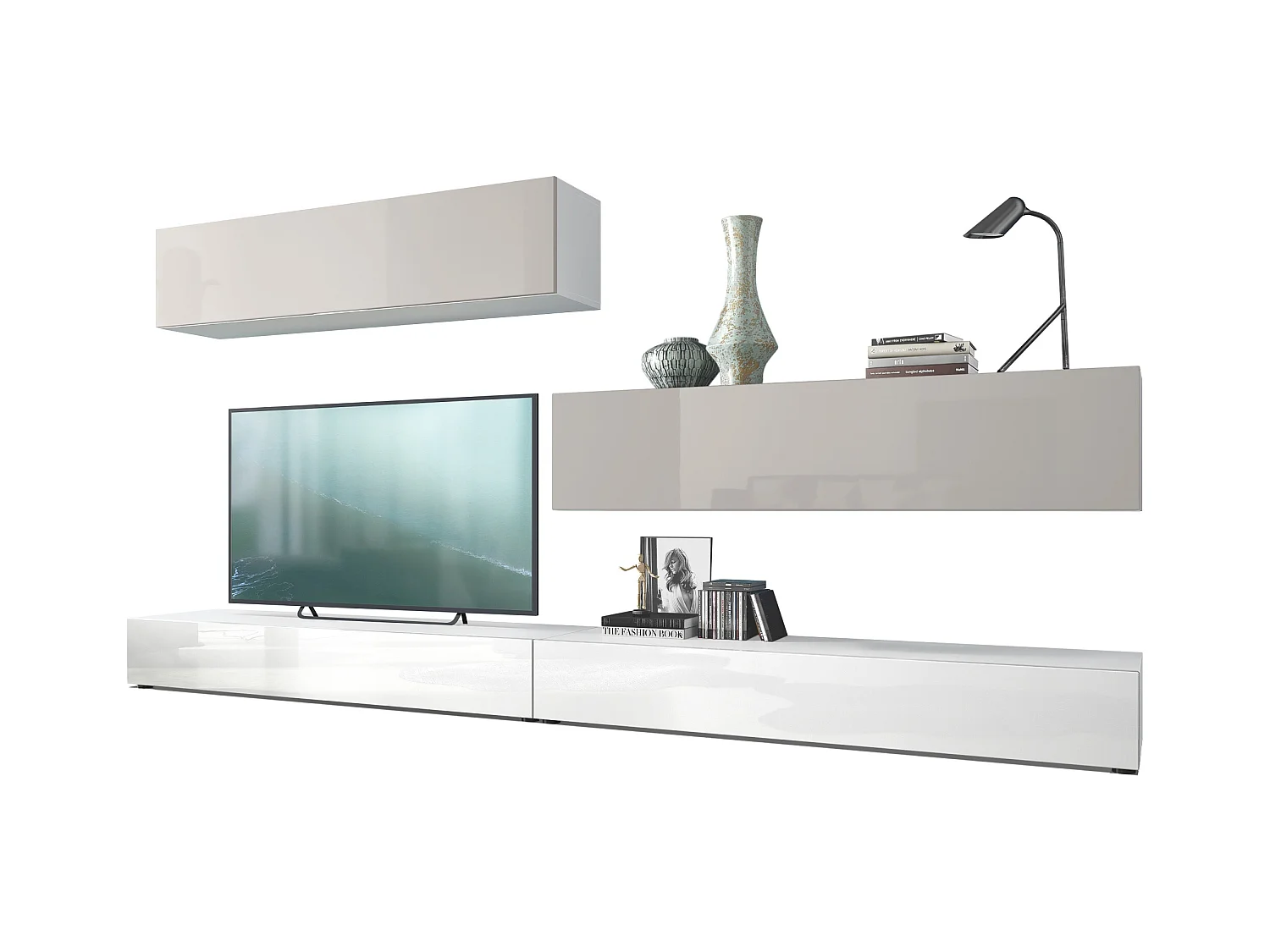 Combinaison murale Armoire Nublo, Corps en Blanc mat / Façades en Blanc haute brillance et Gris sable haute brillance