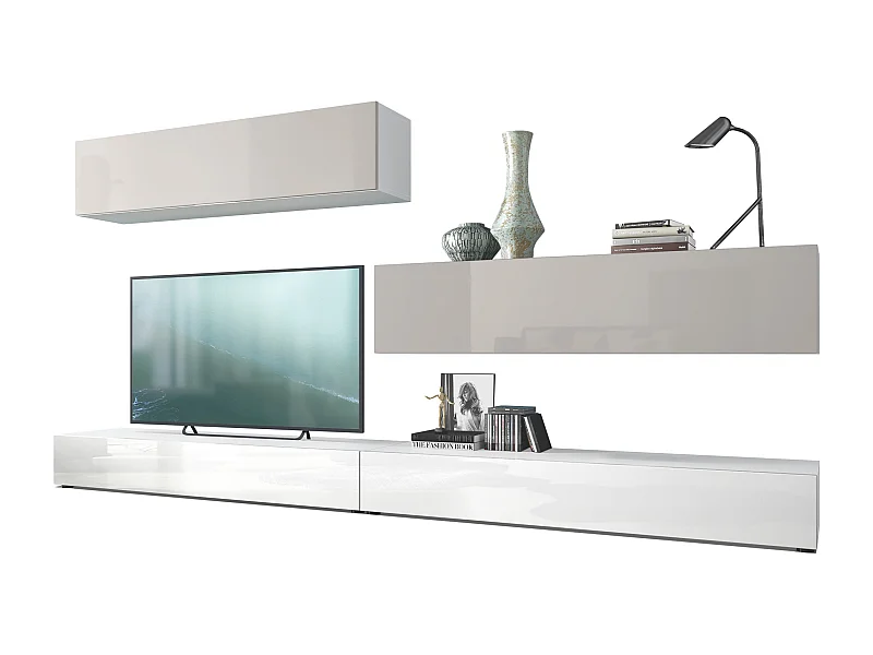 Combinaison murale Armoire Nublo, Corps en Blanc mat / Façades en Blanc haute brillance et Gris sable haute brillance