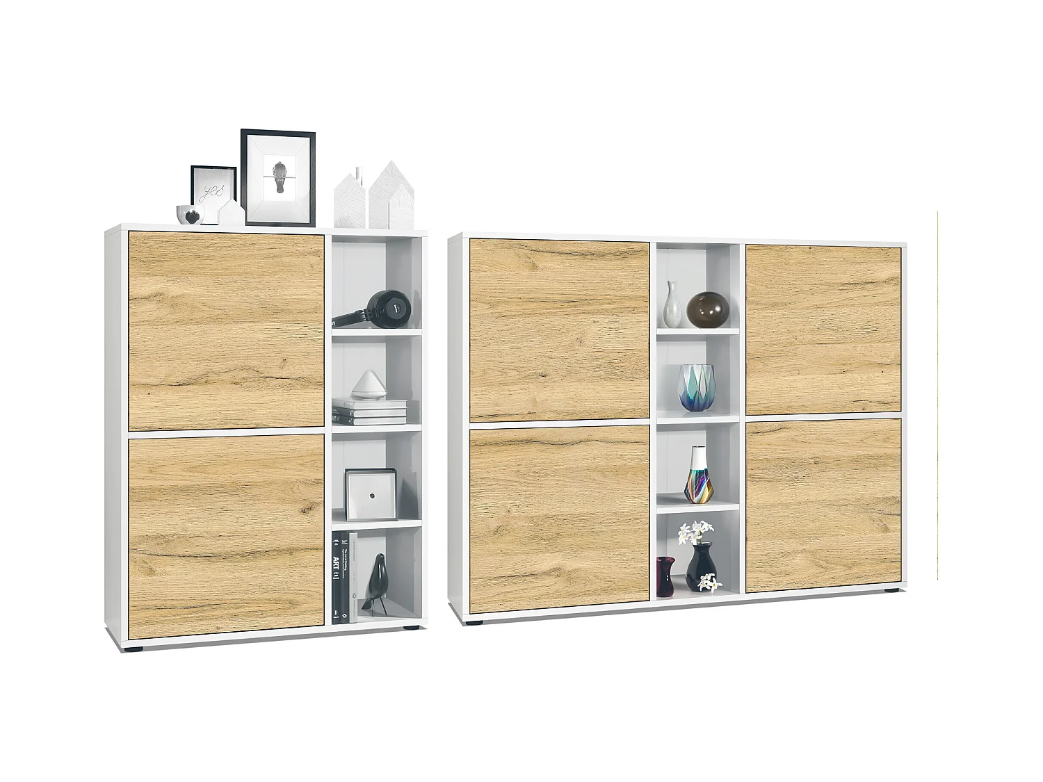 Ensemble pour salon Miami, composé de deux buffets hauts avec un total de 6 portes et 8 compartiments, corps en blanc mat, façades en chêne nature.