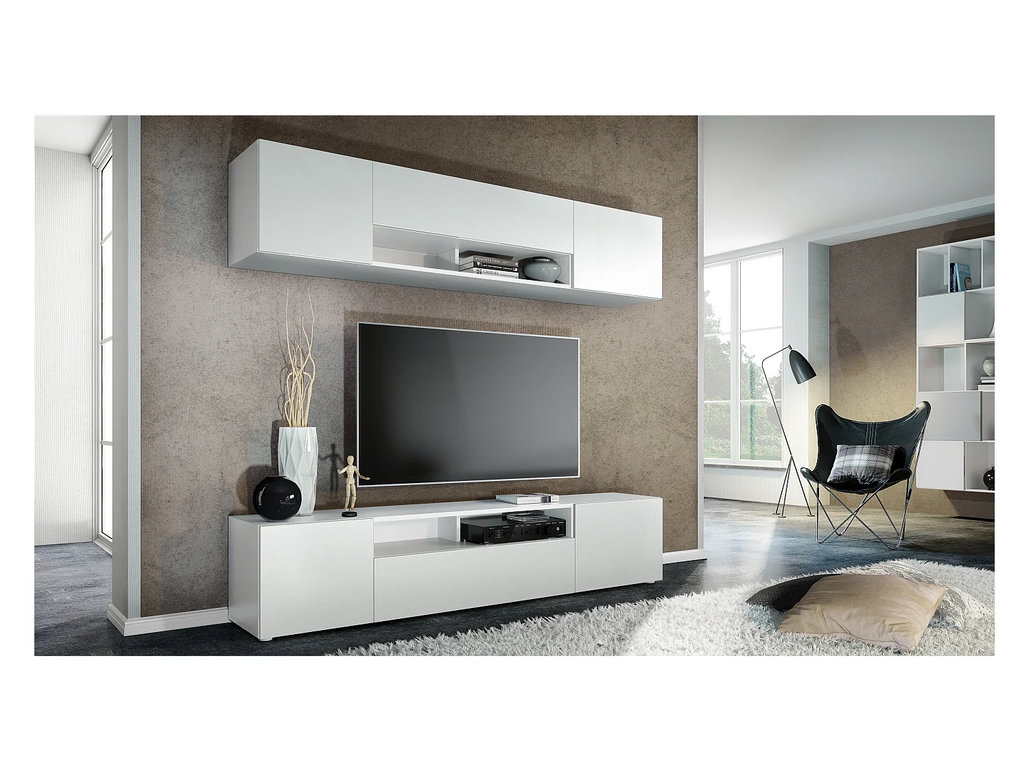 Meuble-paroi Mogan, blanc mat/blanc mat - Meuble mural moderne composé de 2 étagères TV (181 x 147 x 35 cm)