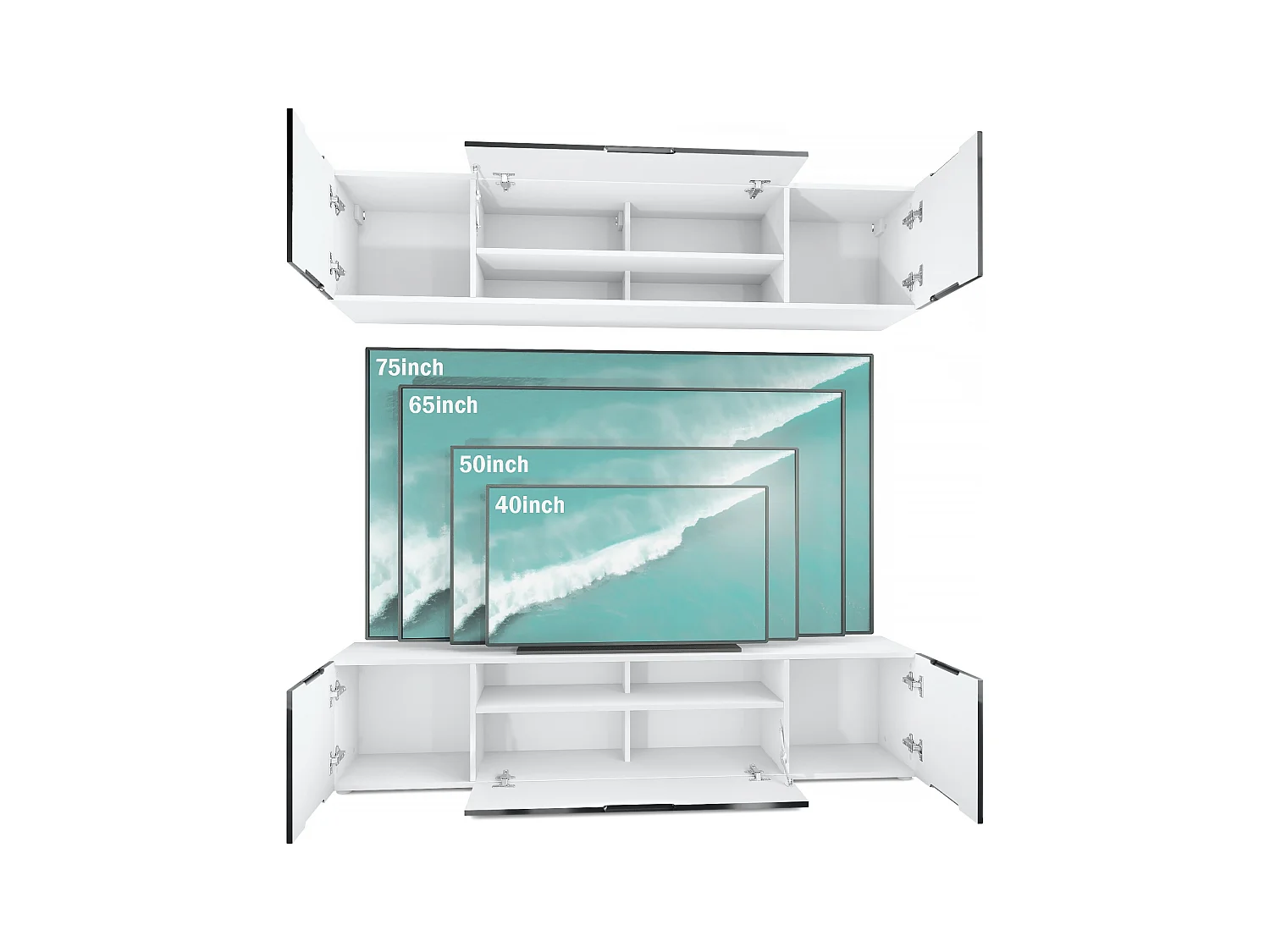 Meuble-paroi Mogan, blanc mat/blanc mat - Meuble mural moderne composé de 2 étagères TV (181 x 147 x 35 cm)