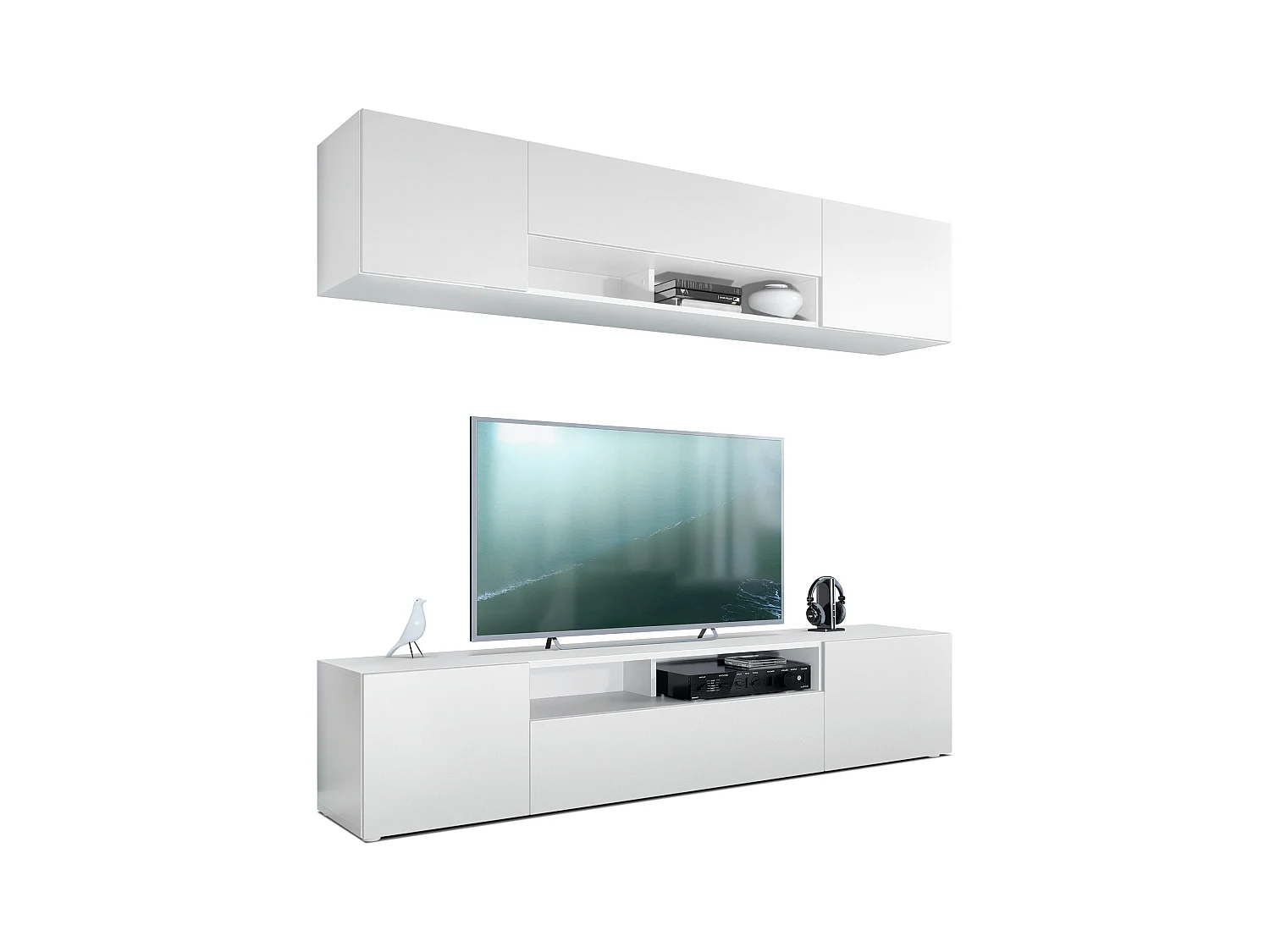 Meuble-paroi Mogan, blanc mat/blanc mat - Meuble mural moderne composé de 2 étagères TV (181 x 147 x 35 cm)