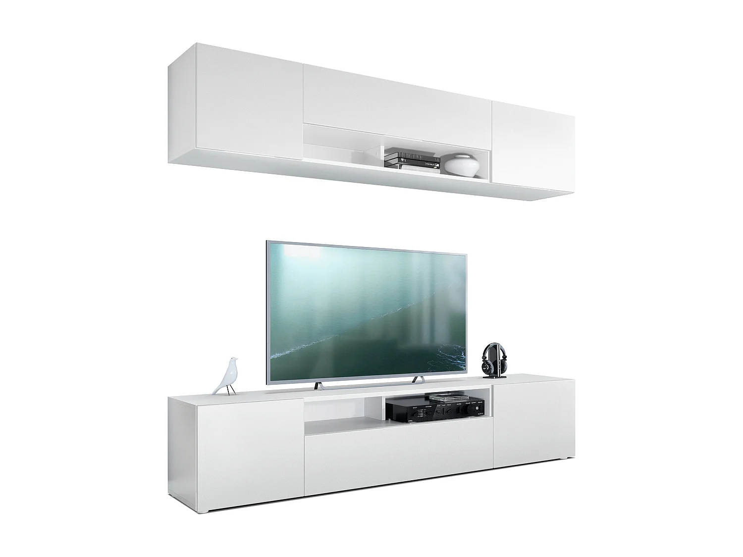 Meuble-paroi Mogan, blanc mat/blanc mat - Meuble mural moderne composé de 2 étagères TV (181 x 147 x 35 cm)