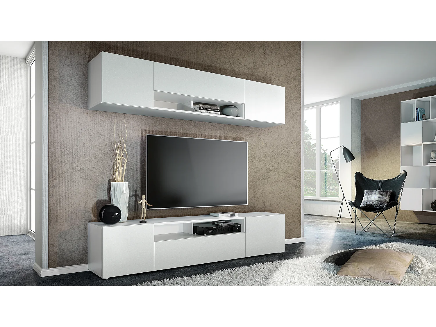 Meuble-paroi Mogan, blanc mat/blanc mat - Meuble mural moderne composé de 2 étagères TV (181 x 147 x 35 cm)