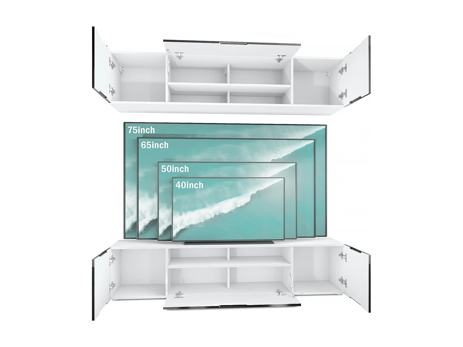 Meuble-paroi Mogan, blanc mat/blanc mat - Meuble mural moderne composé de 2 étagères TV (181 x 147 x 35 cm)