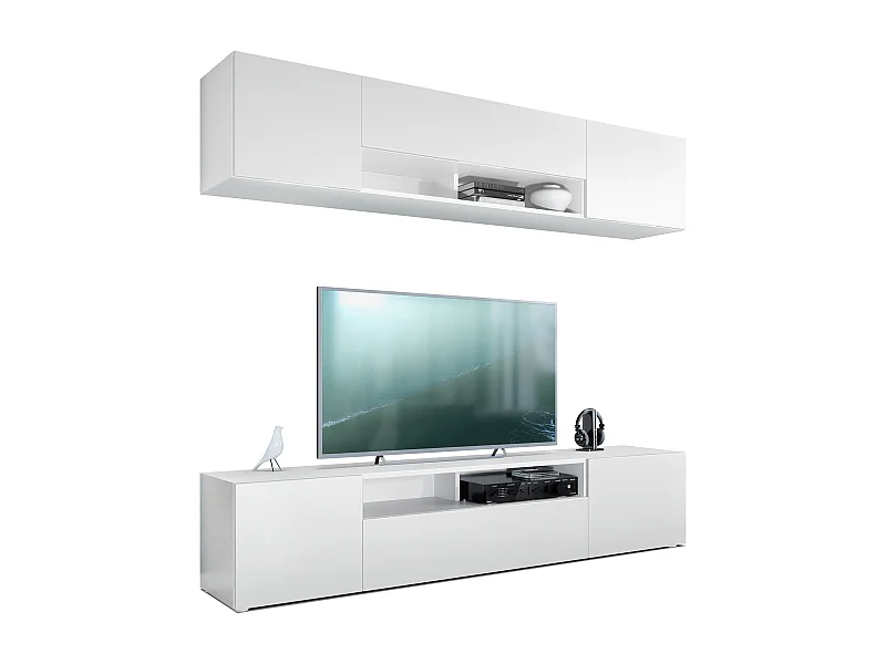 Vladon parete vivente Mogan, bianco opaco/bianco opaco - Moderno pensile composto da 2 ripiani per TV (181 x 147 x 35 cm)