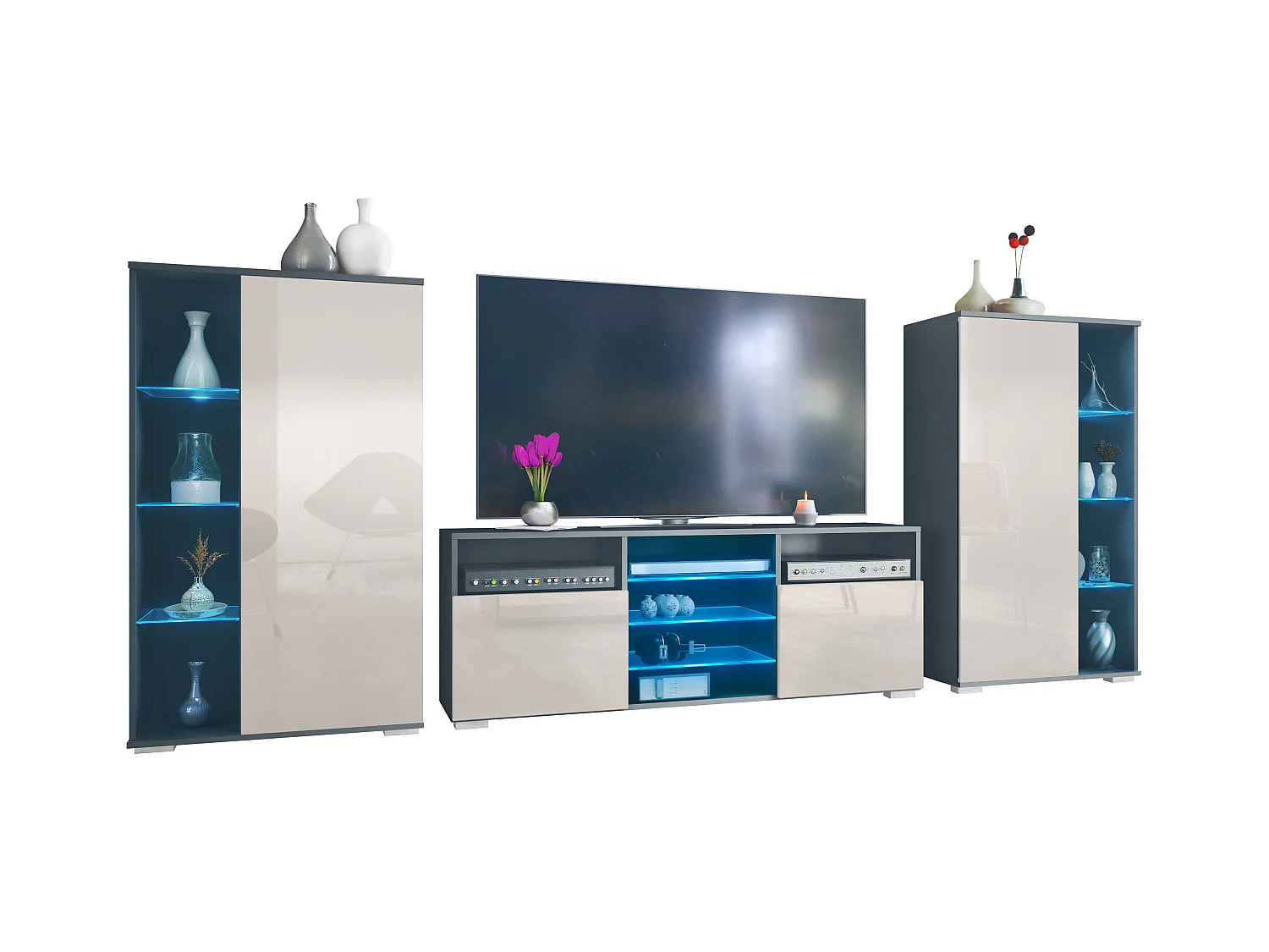Ensemble mural Davos pour salon, comprenant 2 vitrines et 1 meuble TV, anthracite mat/gris sable haute brillance éclairage LED inclus (329 x 134 x 35 cm)
