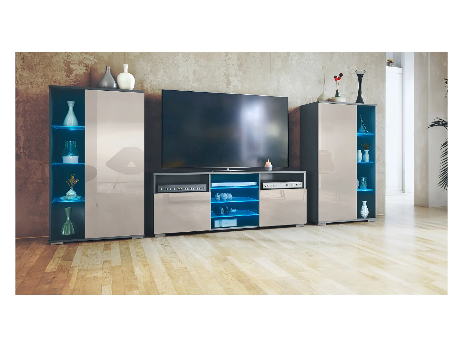 Ensemble mural Davos pour salon, comprenant 2 vitrines et 1 meuble TV, anthracite mat/gris sable haute brillance éclairage LED inclus (329 x 134 x 35 cm)
