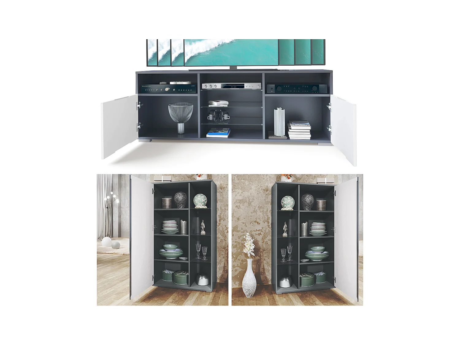 Ensemble mural Davos pour salon, comprenant 2 vitrines et 1 meuble TV, anthracite mat/gris sable haute brillance éclairage LED inclus (329 x 134 x 35 cm)