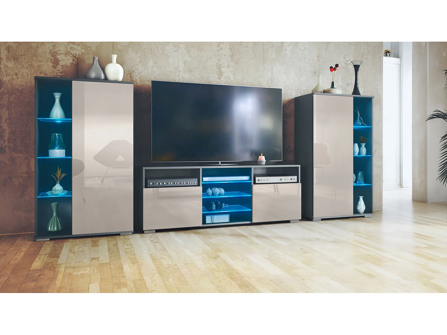 WOHNWAND Davos Sandgrau Hochglanz