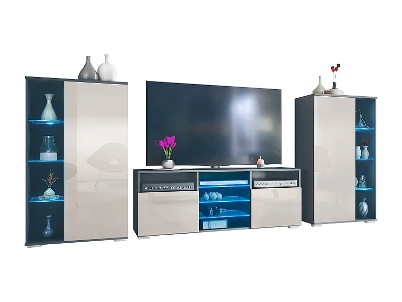 Mobile parete Davos per soggiorno, composto da 2 vetrine e 1 mobile TV, antracite opaco /grigio sabbia lucido incl. illuminazione a LED (329 x 134 x 35 cm)