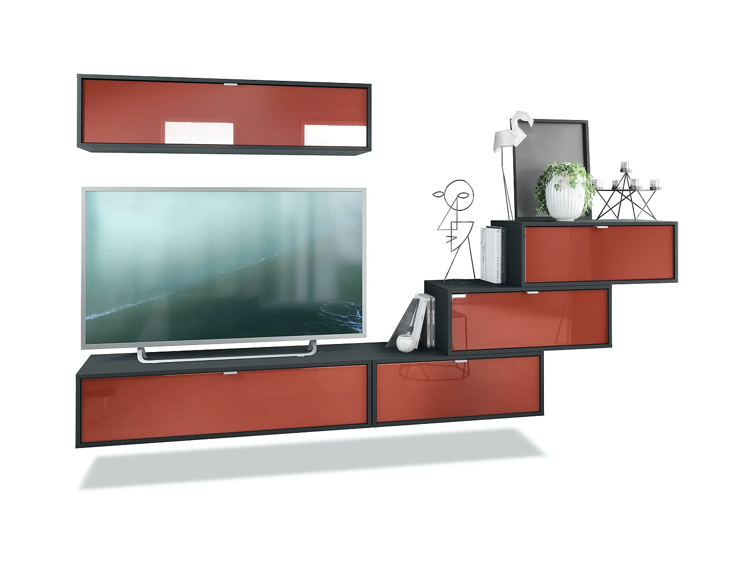 Unité murale Lana V1 composée de 5 unités murales à 12 compartiments, caisson en Noir mat, façades en Bordeaux haute brillance | Grand choix de couleurs