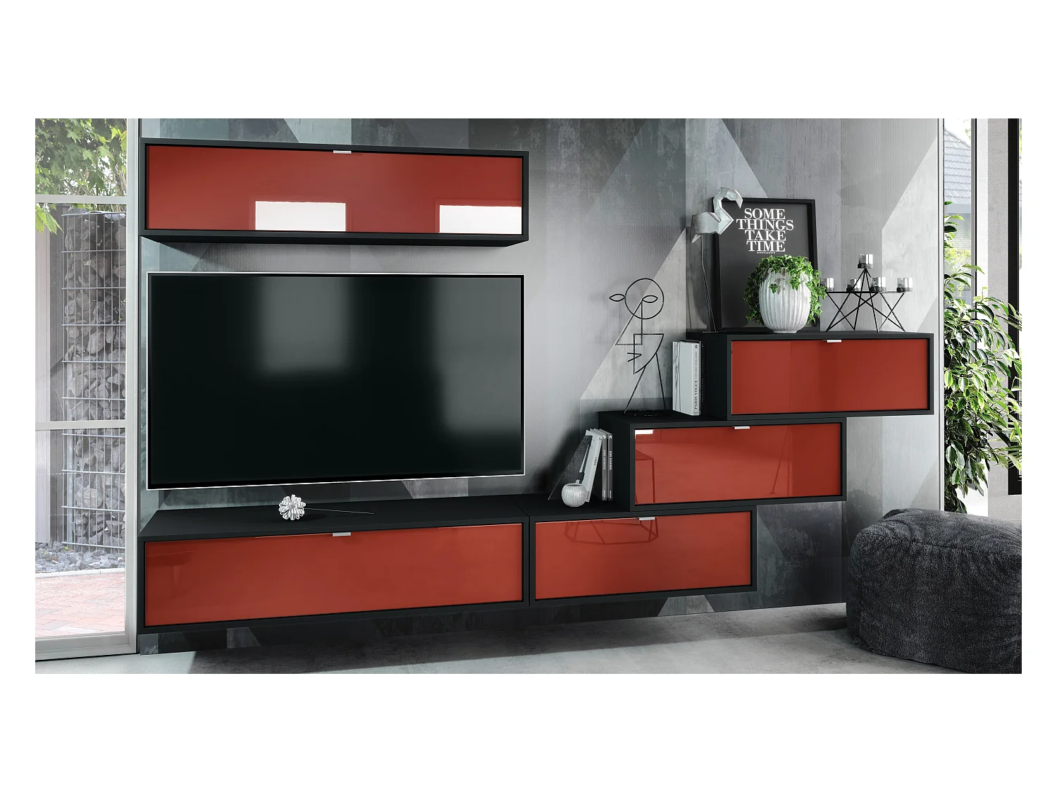 Unité murale Lana V1 composée de 5 unités murales à 12 compartiments, caisson en Noir mat, façades en Bordeaux haute brillance | Grand choix de couleurs